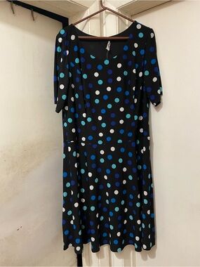 Women’s Black Blue White Polka Dot Fit & Flare Midi Dress 3/4 Sleeve Size 18